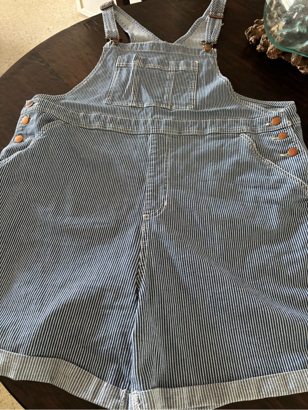 Universal Thread Blue White Striped Denim Short Overalls - Picture 2 of 4